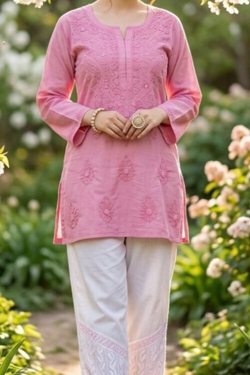 Women’s Pink Embroidered Cotton Kurti with White Embroidered Palazzo Set